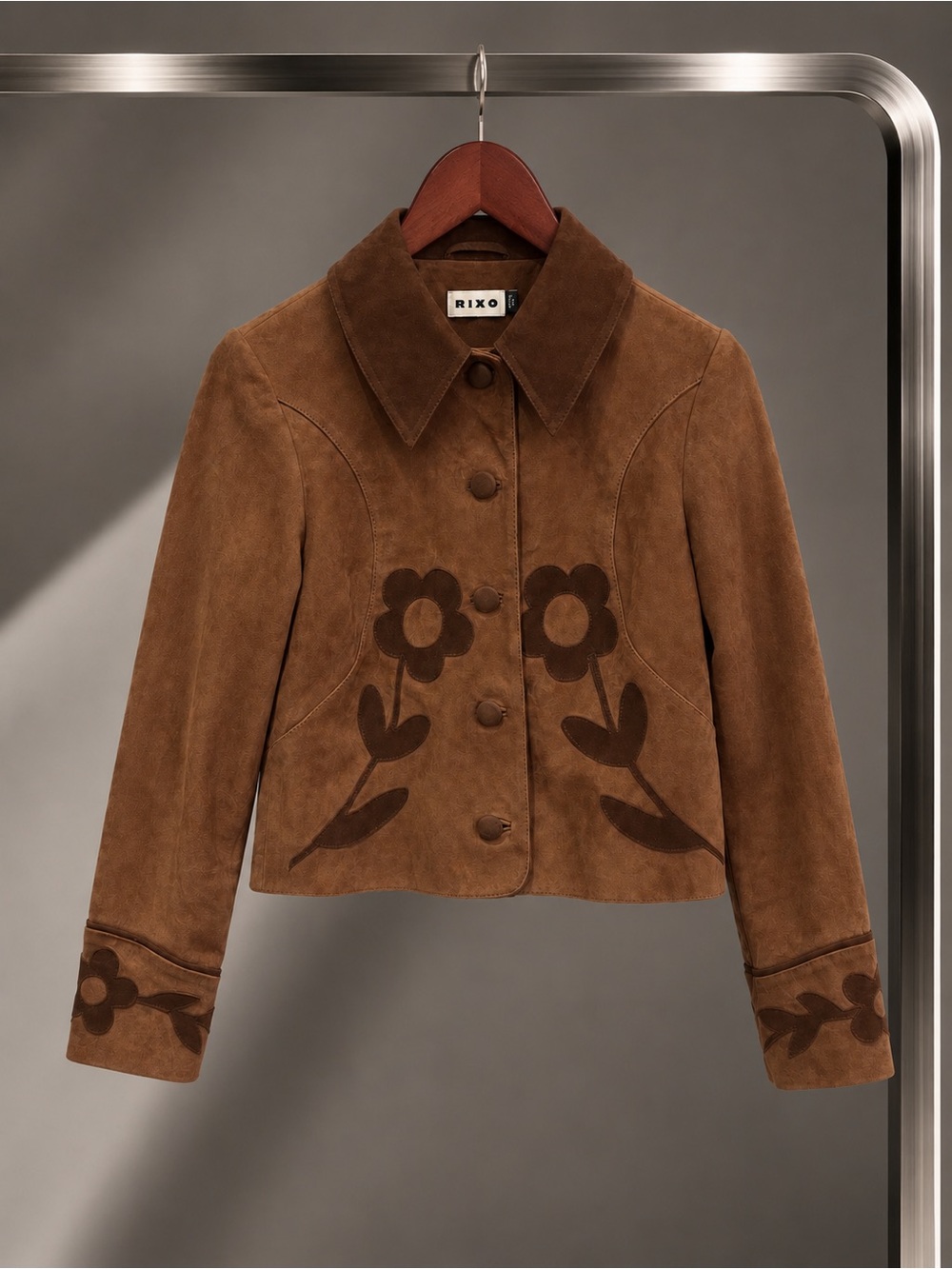 RIXO Dionne Retro Daisy Applique Suede Jacket Tan Brown Boho Y2K XXS NWT